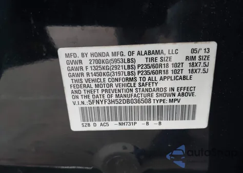 2013 Honda Pilot Ex-L z USA, uszkodzony, nr VIN 5FNYF3H52DB036508